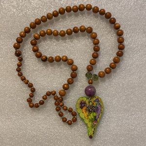 Bayong Wood Bead Necklace - Millefiore heart pendant, beads, silver charm